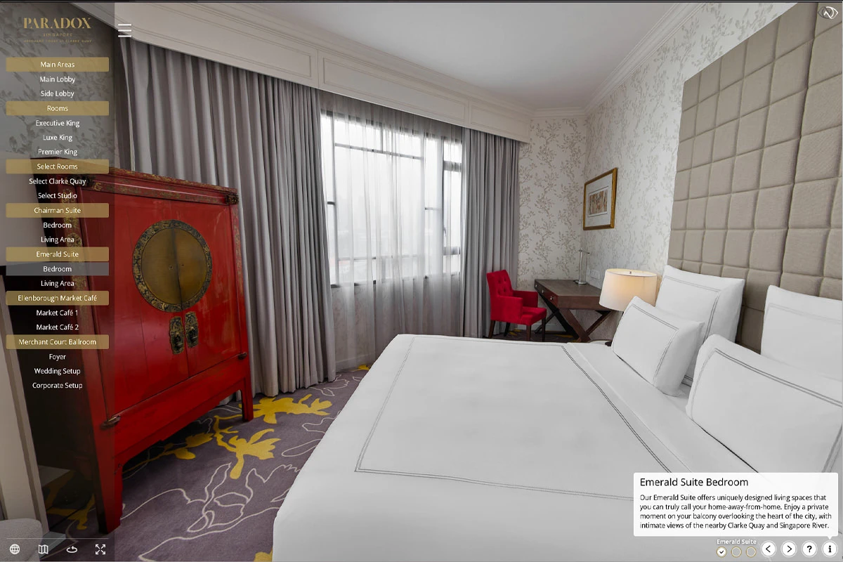 Paradox Singapore virtual tour screenshot of the Emerald Suite bedroom with navigation menu overlay