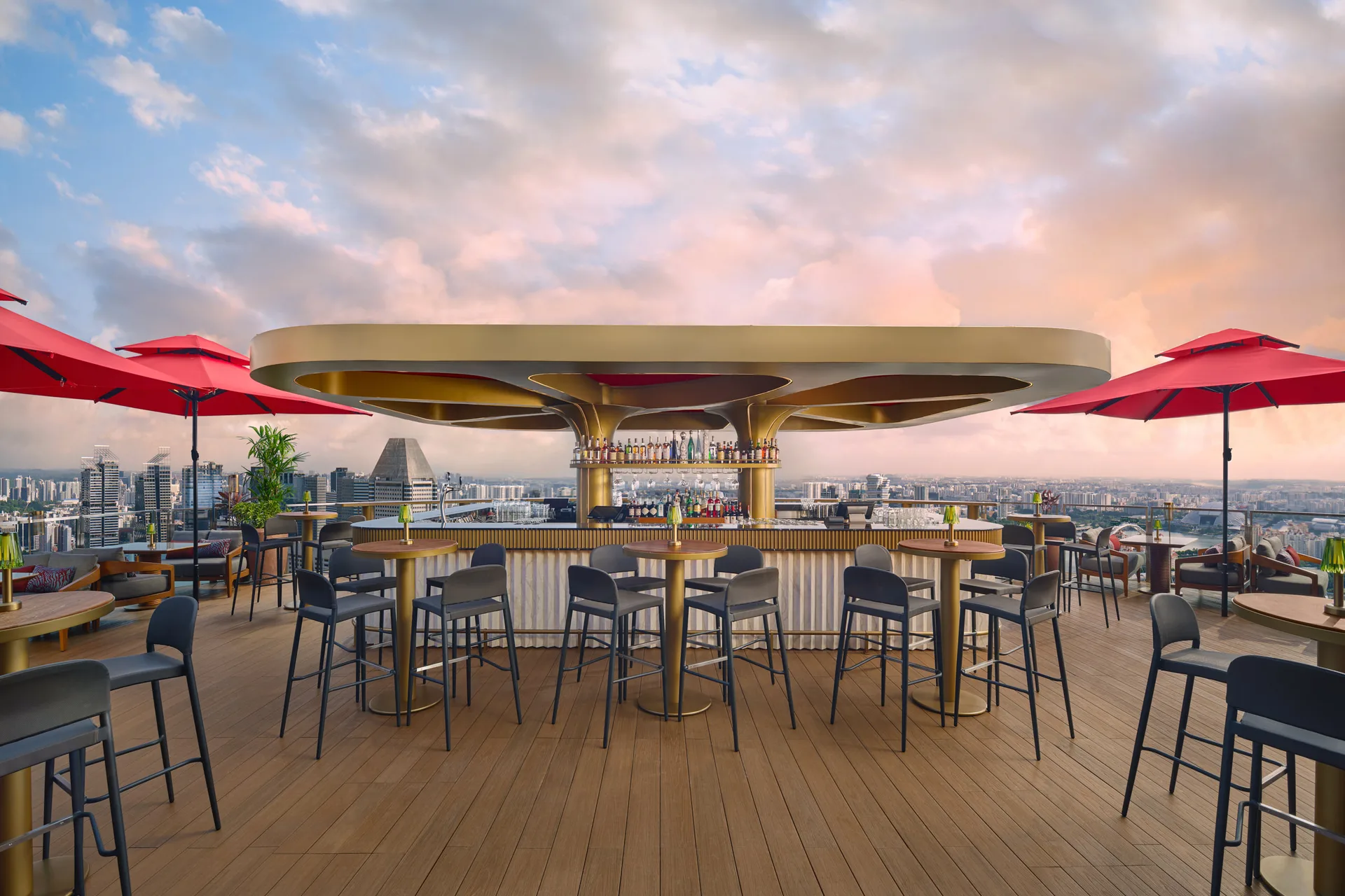 Ce La Vi Singapore skybar at dusk with sunset over the city