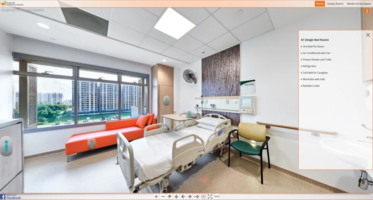 Single room with caregiver sofa bed and residential views — Sengkang Community Hospital healthcare virtual tour
