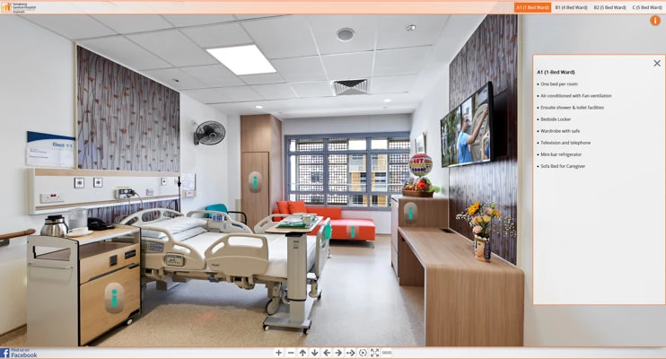 A1 ward with TV, floral wallpaper and caregiver sofa — Sengkang General Hospital healthcare virtual tour