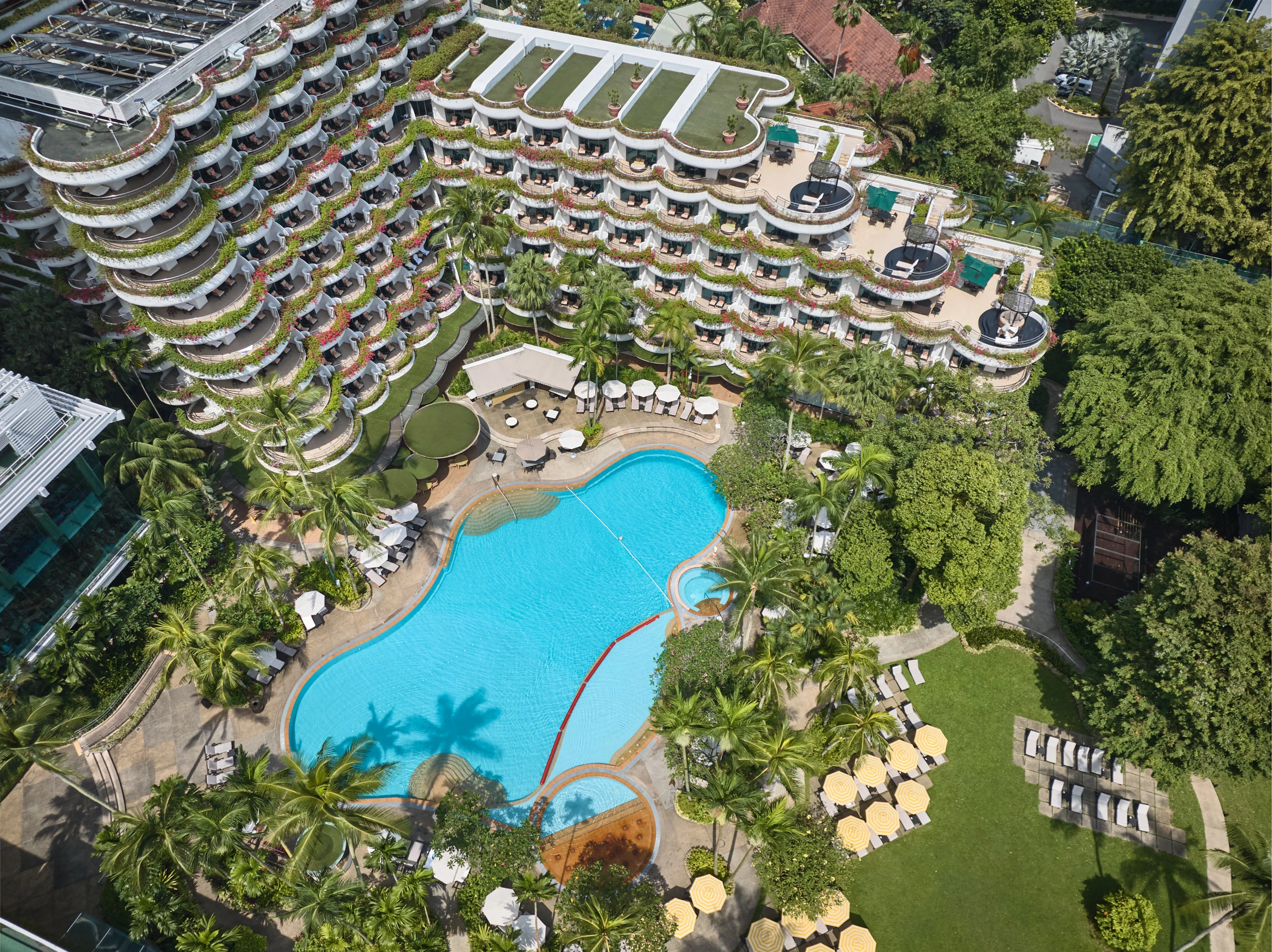 Aerial view of Shangri-La Hotel Garden Wing pool and tropical gardens