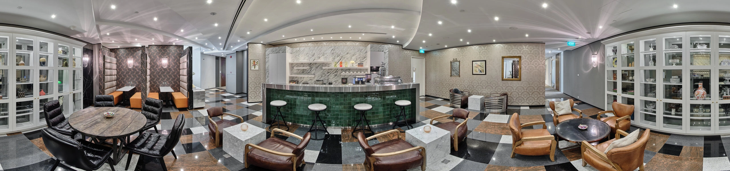 360 panorama of The Executive Centre Ocean Financial Centre breakout area with green-tiled coffee bar, leather seating and checkerboard floor