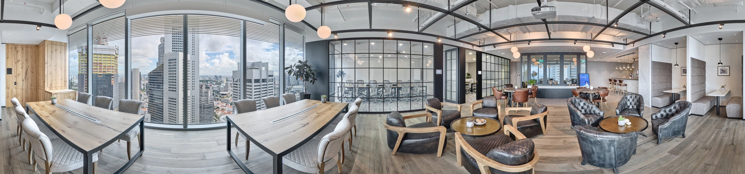 360 panorama of The Executive Centre Ocean Financial Centre lounge with tufted leather chairs, timber tables and Singapore CBD views