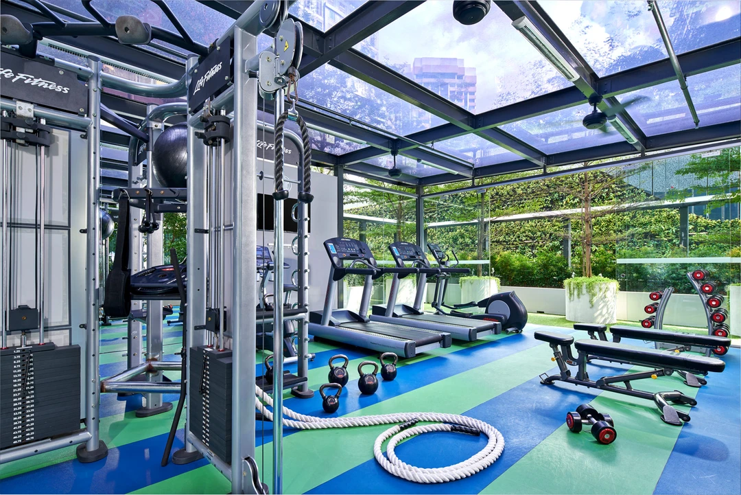 Fitness centre with cable machines, treadmills and natural light through glass ceiling