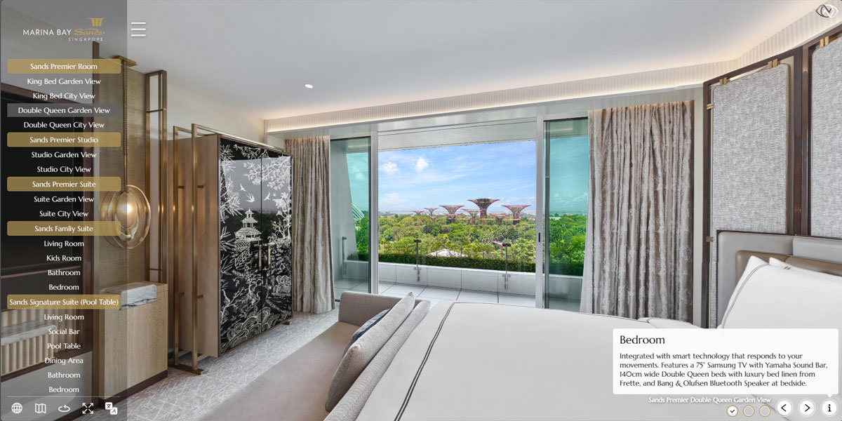 360 virtual tour of Marina Bay Sands hotel in Singapore showing the king bedroom overlooking gardens by the bay in singapore