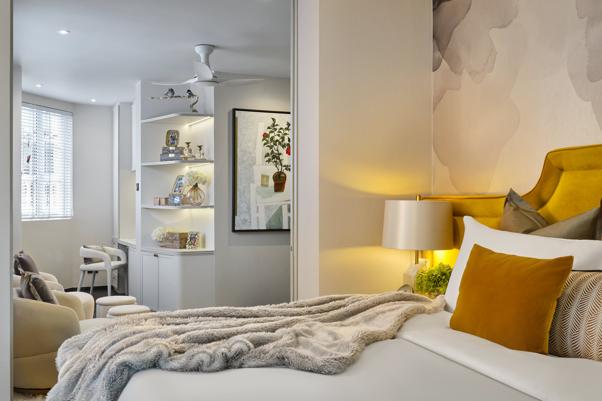 Singapore residential interior photographer - modern bedroom design with mustard yellow accent pillows and built-in storage