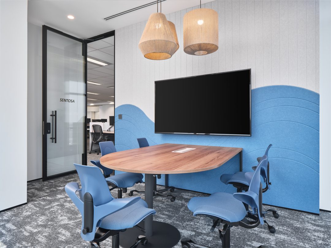 Modern meeting room with blue accents