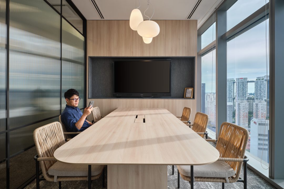 Modern office meeting room with view.