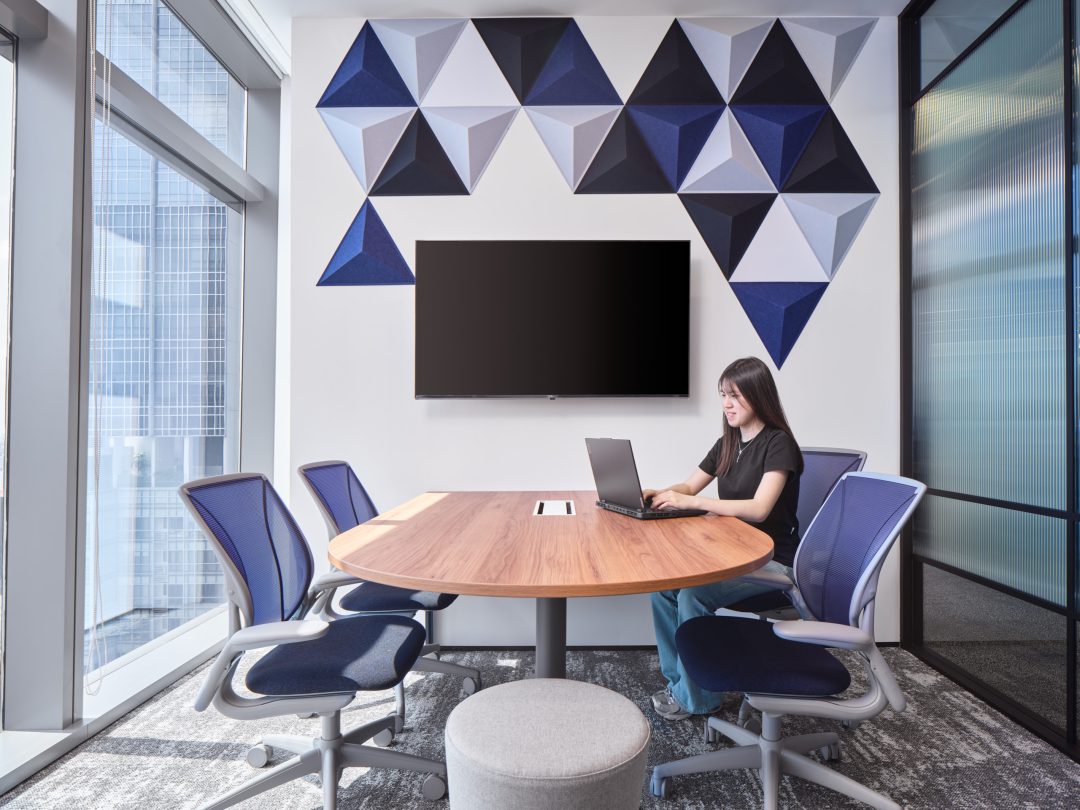 Modern office space with geometric decor.