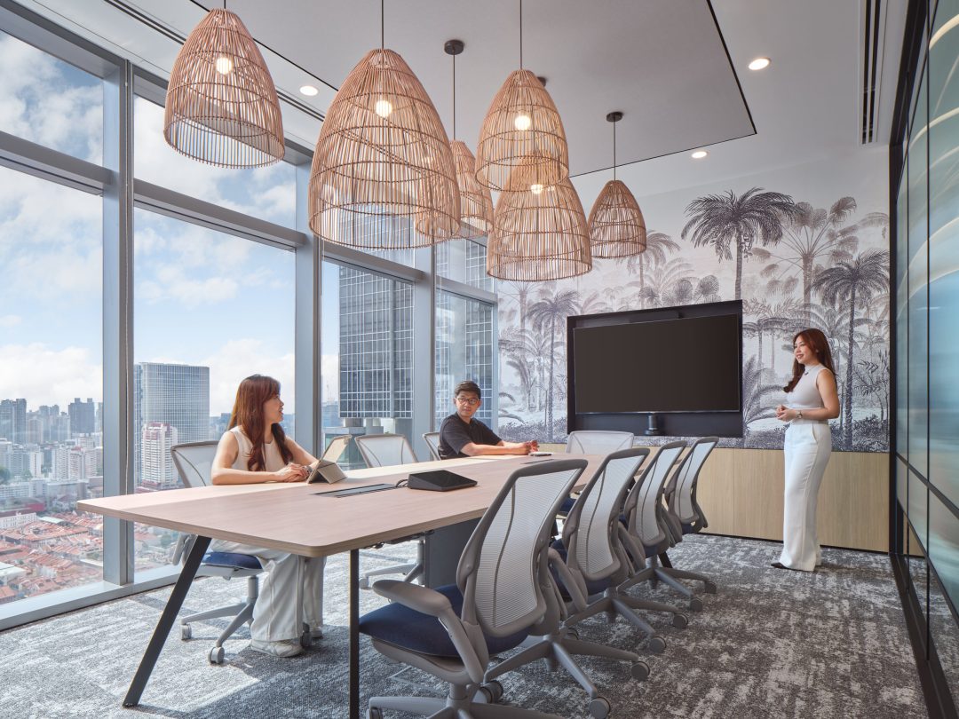 Modern conference room with city view.