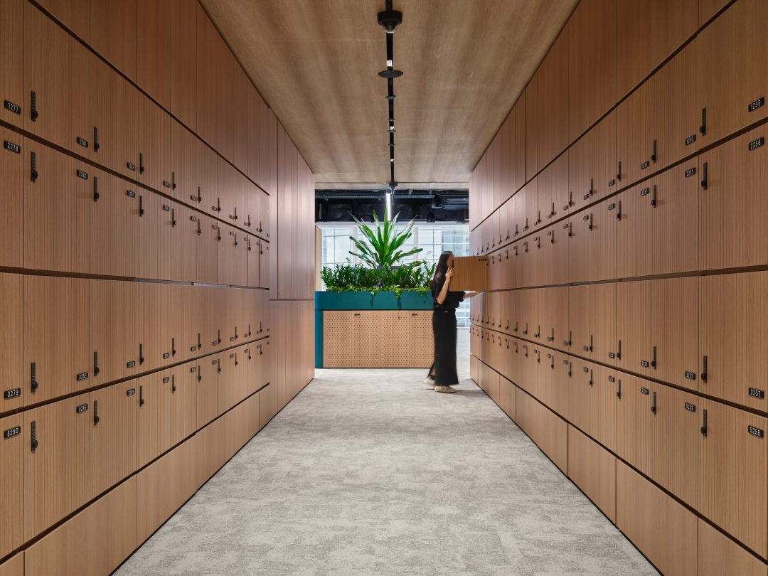 Clean and bright office corridor featuring floor-to-ceiling wooden lockers for secure employee storage.