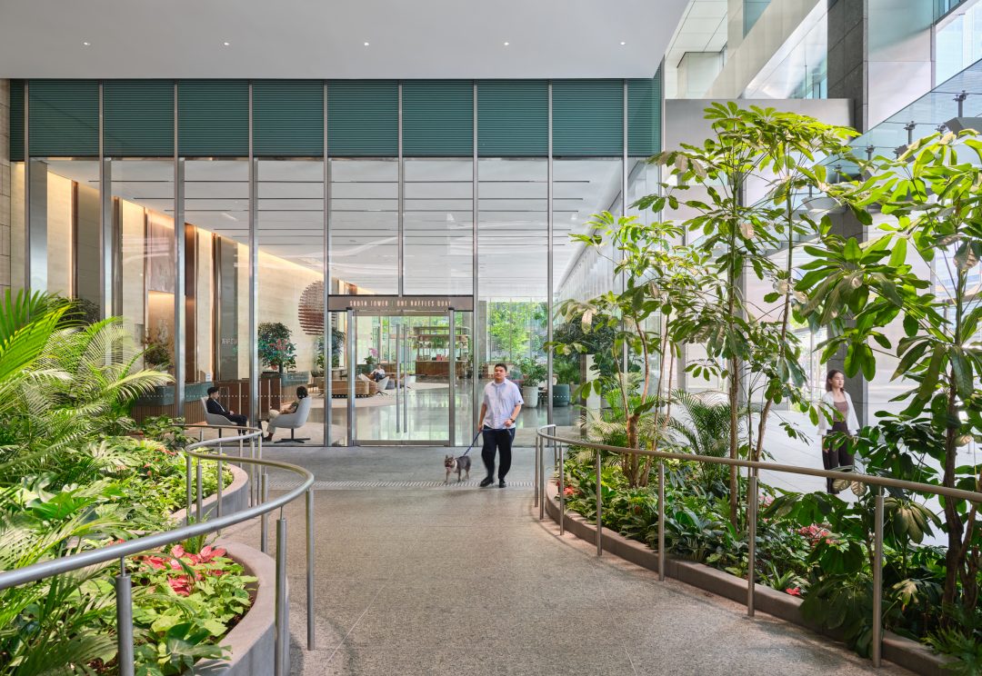 One Raffles Quay South Tower entrance walkway with planters and glass facade. Architectural photography for Gensler by Christopher O’Grady, Singapore.