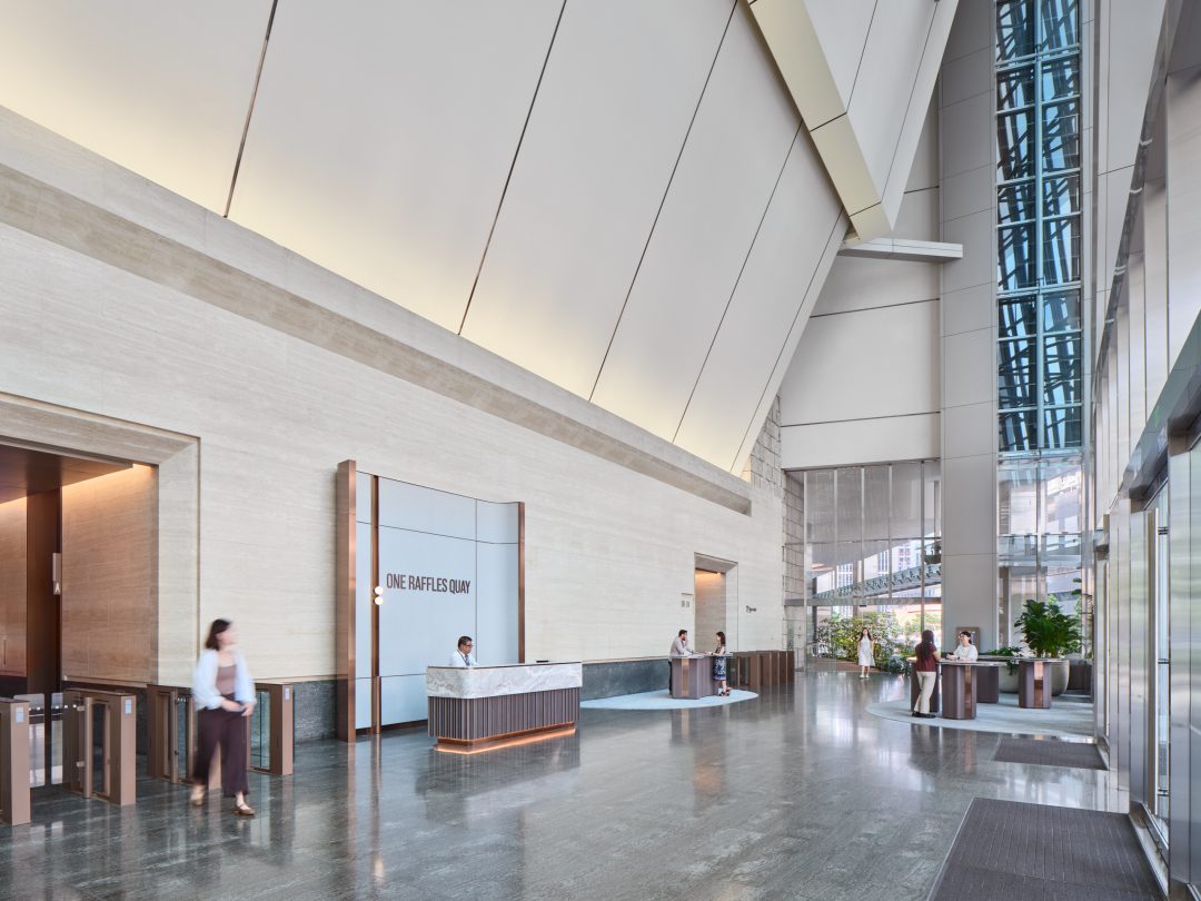 One Raffles Quay North Tower lobby interior, view along the hall. Architectural photography for Gensler by Christopher O’Grady, Singapore.