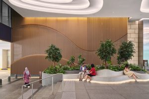 One Raffles Quay Garden Plaza interior seating area with timber wall and planting. Architectural photography for Gensler by Christopher O’Grady, Singapore.